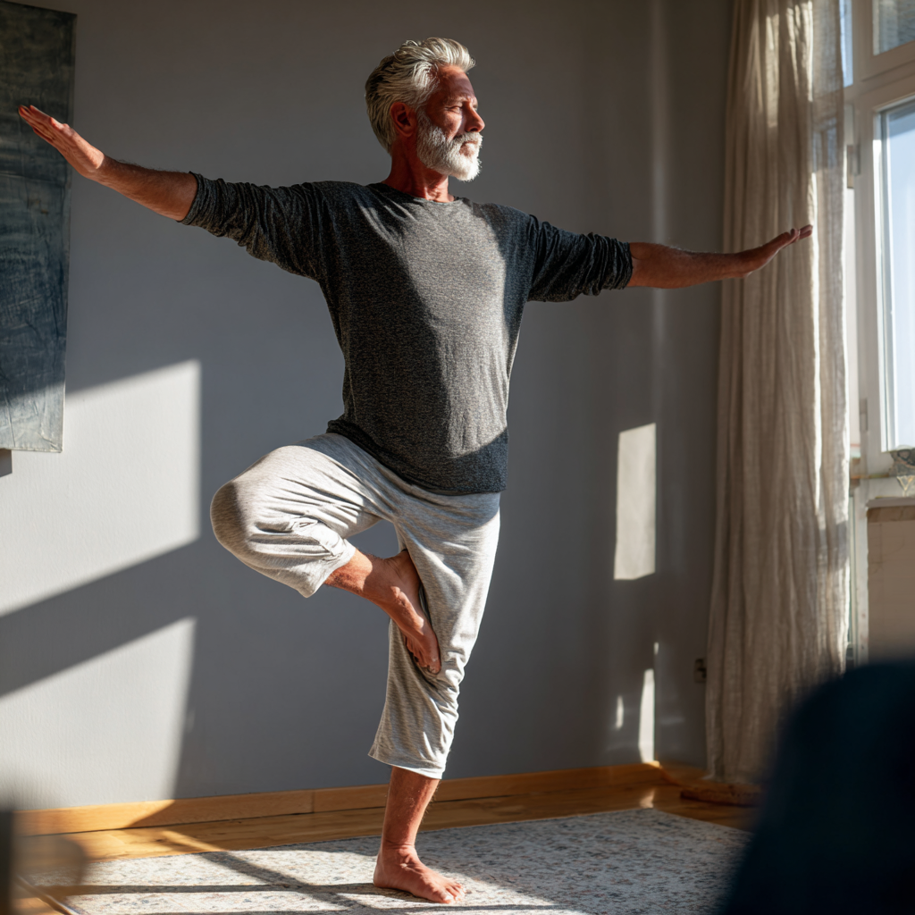 Middle-aged adult practicing balanced movement exercises in natural light